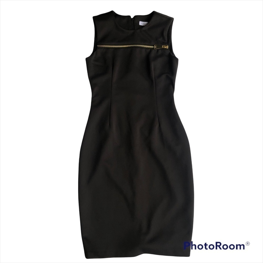 Calvin Klein black sleeveless dress with gold zipper over chest size 2